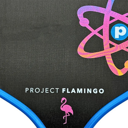 Black swimsuit with Project Flamingo branding and a colorful logo on a dark background
