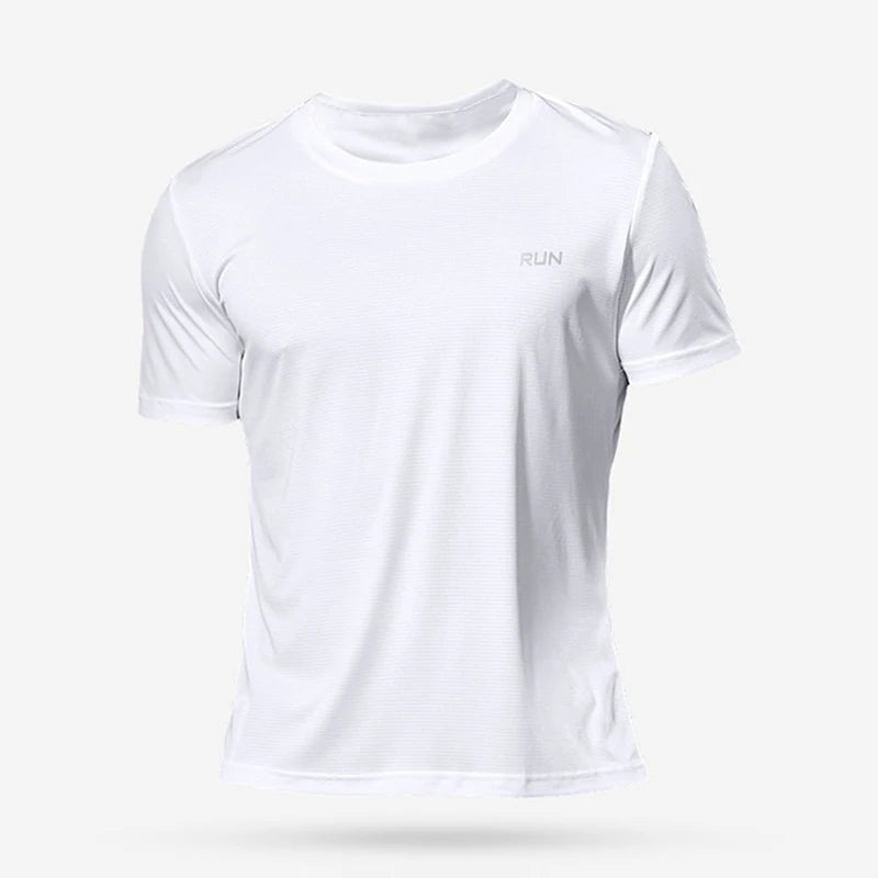 White t-shirt with 'RUN' text on a light gray background