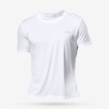 White t-shirt with 'RUN' text on a light gray background