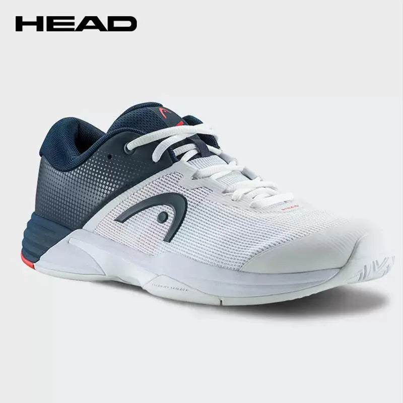 White and blue athletic shoe with HEAD logo on a light gray background