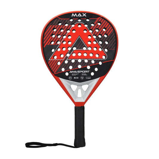 Red and black sports racket with visible branding on a white background