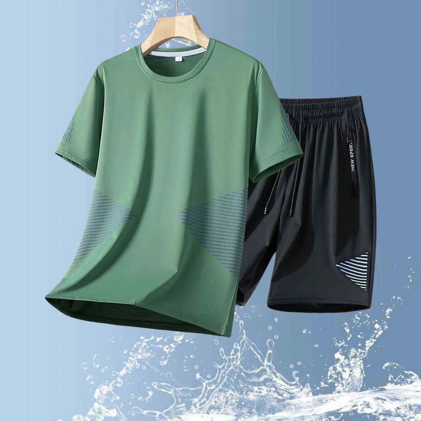 Green t-shirt and black shorts set on a hanger with water splash background