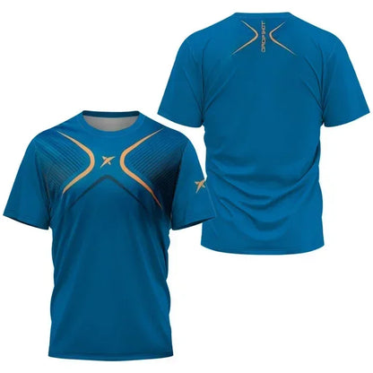 Blue athletic t-shirt with gold designs on a white background