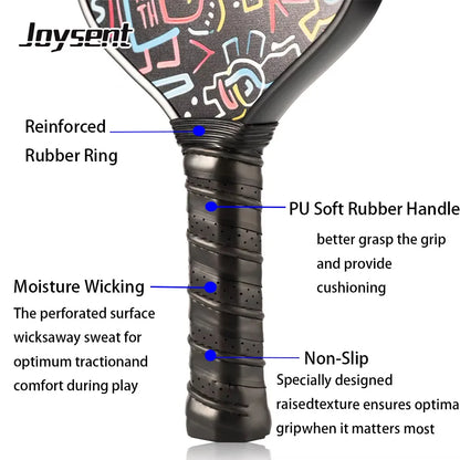 Pickleball paddle with labeled features on a white background