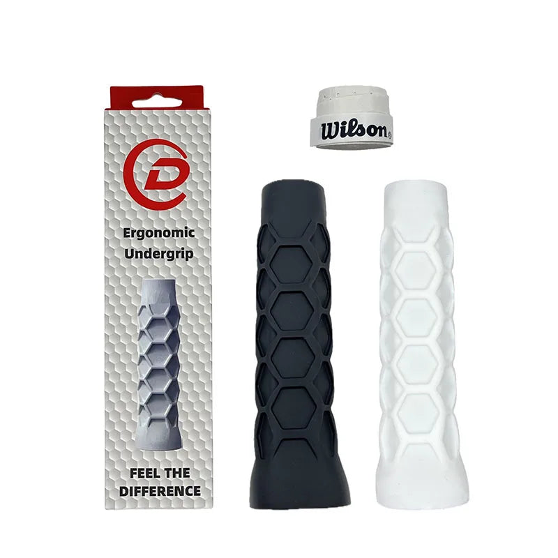 Two ergonomic undergrips and their packaging on a white background