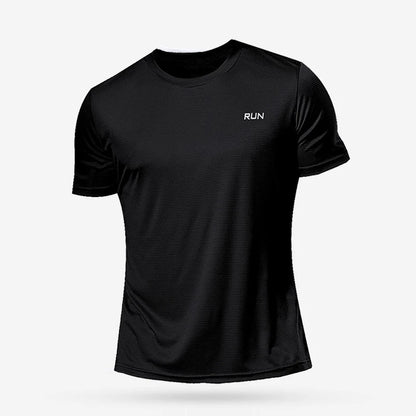 Black athletic t-shirt with 'RUN' logo on a white background