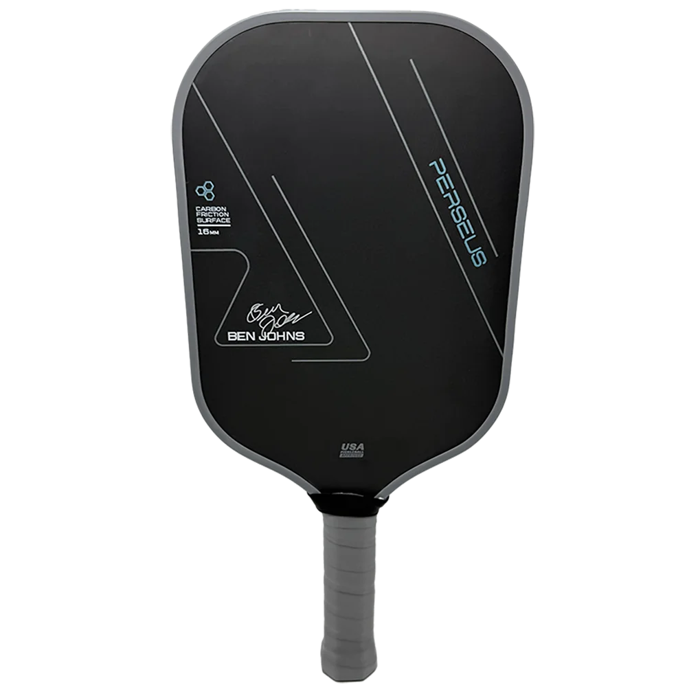 Black pickleball paddle with branding on a white background
