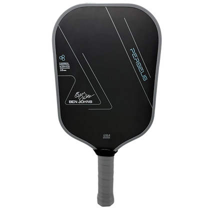 Black pickleball paddle with branding on a white background