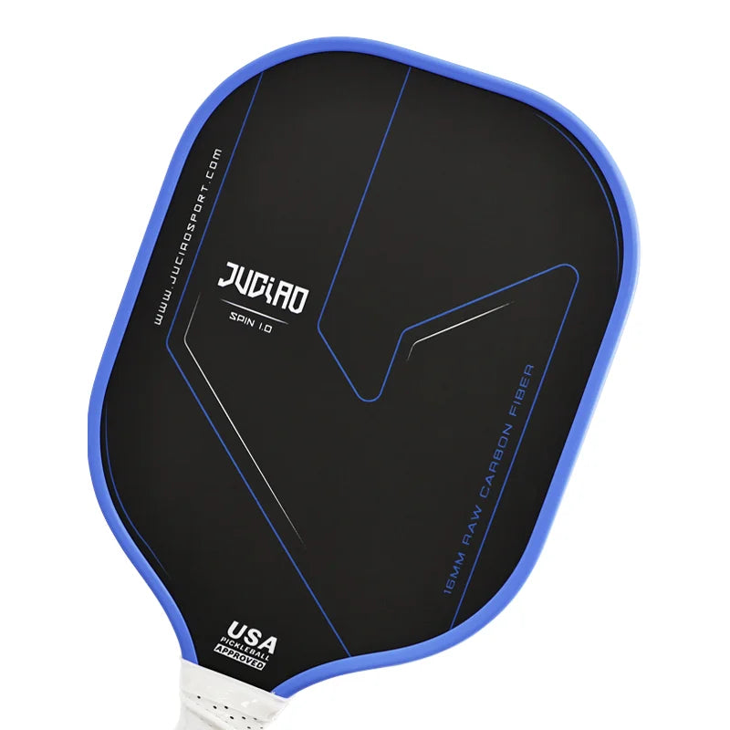 Black pickleball paddle with blue rim on a white background
