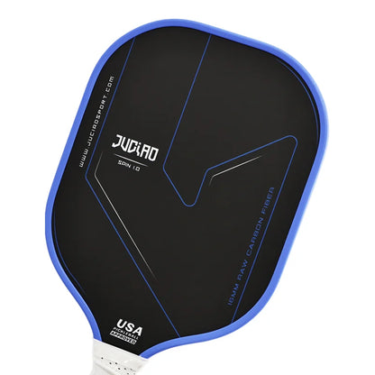 Black pickleball paddle with blue rim on a white background
