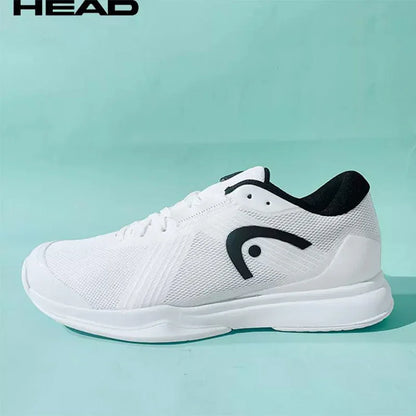 White athletic shoe with black accents on a light blue background, featuring the HEAD logo.