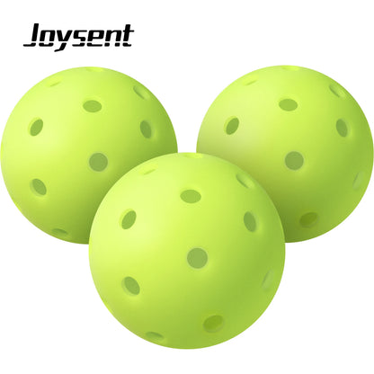 Three green pickleball balls with a white background and 'Joysent' branding.