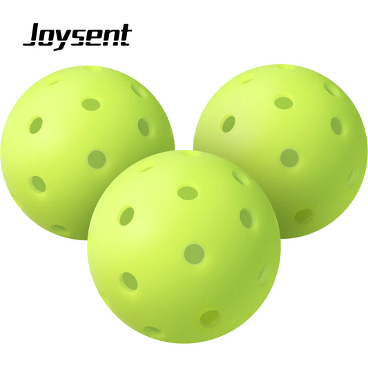 Three green pickleball balls with a white background and 'Joysent' branding.