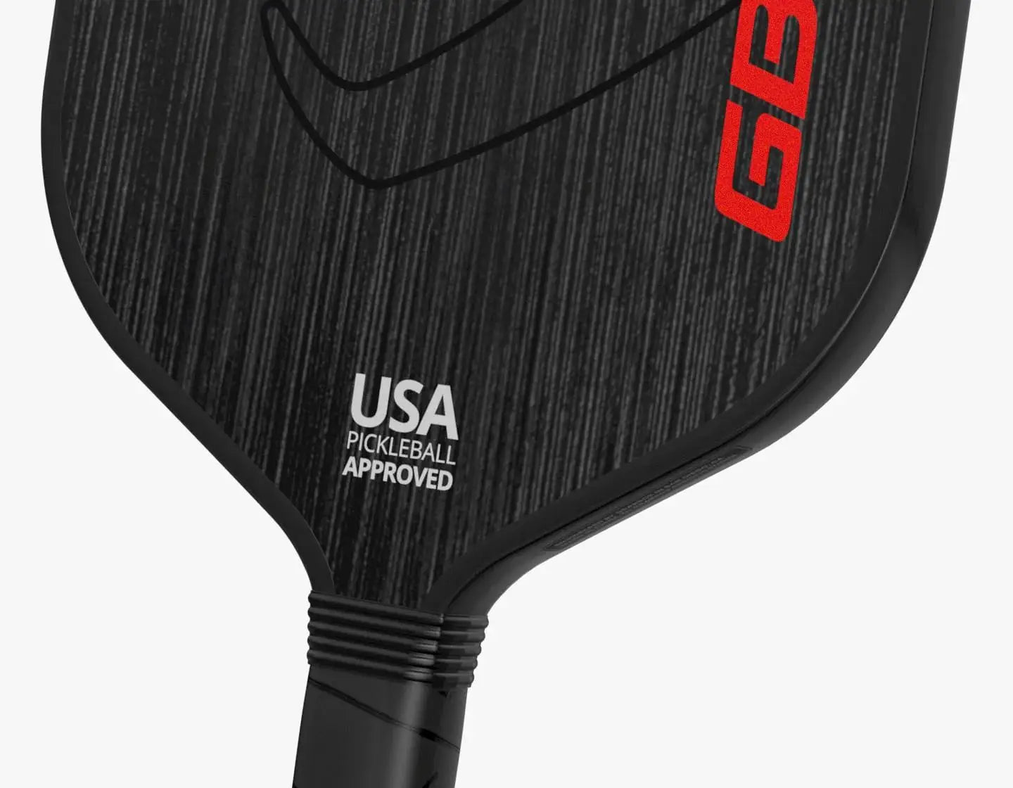 Black pickleball paddle with 'USA Pickleball Approved' and 'GB' branding on a white background