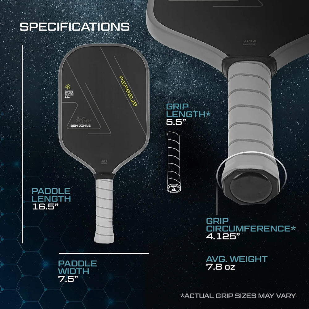 Pickleball paddle with specifications on a dark background