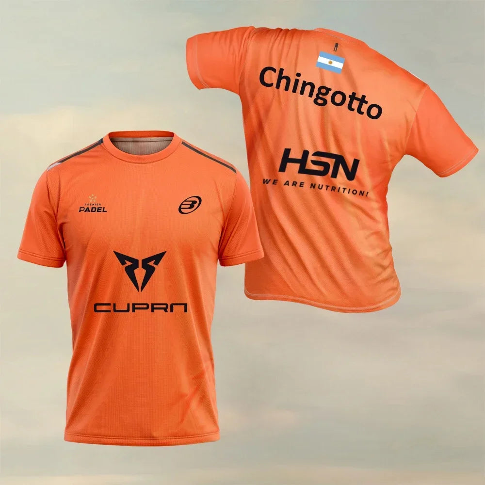 Orange sports jersey with visible branding on a gradient background