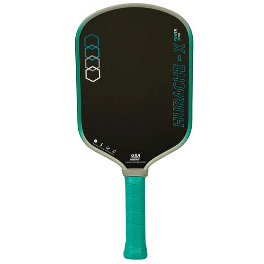 Pickleball paddle with black face and teal handle on a white background