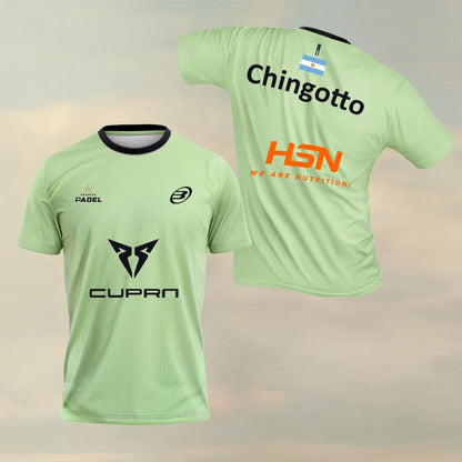 Light green sports jersey with various brand logos on a gradient background