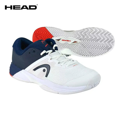 White and navy tennis shoes with red accents, featuring the HEAD logo on a white background.