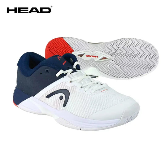 White and navy tennis shoes with red accents, featuring the HEAD logo on a white background.