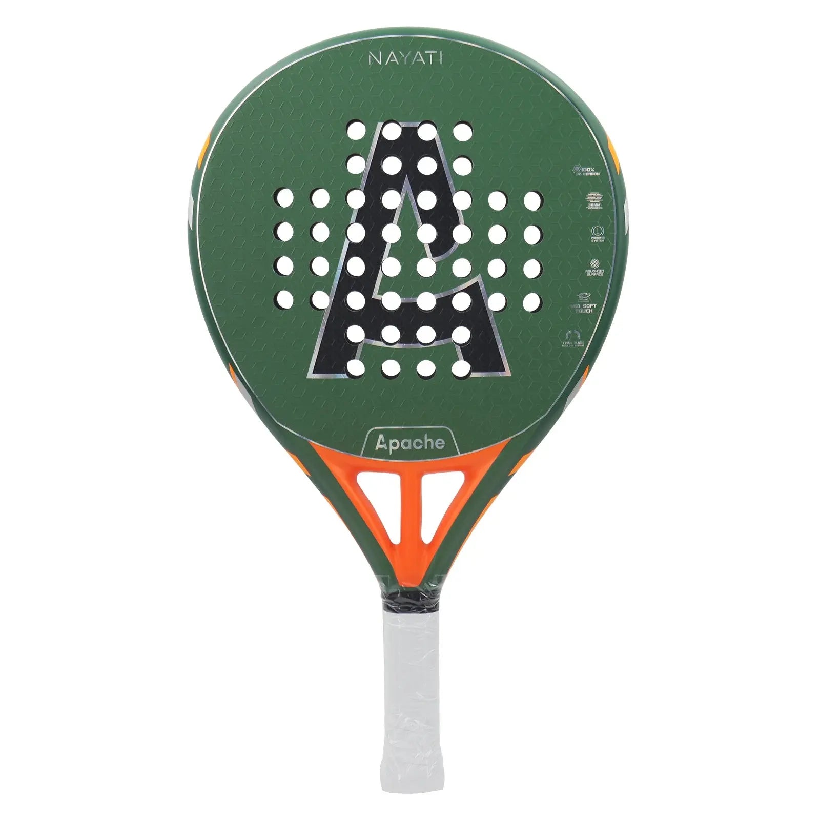 A green Apache Nayati Padel Racket with a teardrop head shape, featuring a 3k carbon face and orange detailing.