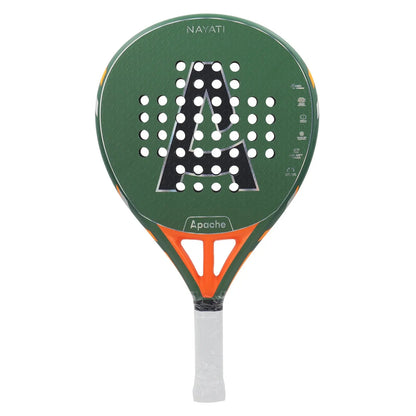 A green Apache Nayati Padel Racket with a teardrop head shape, featuring a 3k carbon face and orange detailing.