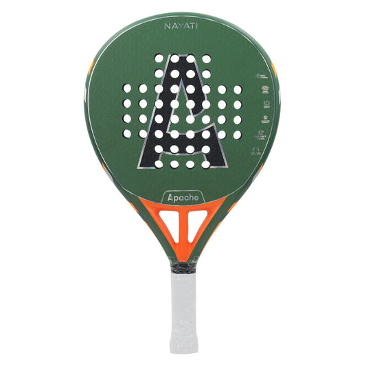 A green Apache Nayati Padel Racket with a teardrop head shape, featuring a 3k carbon face and orange detailing.
