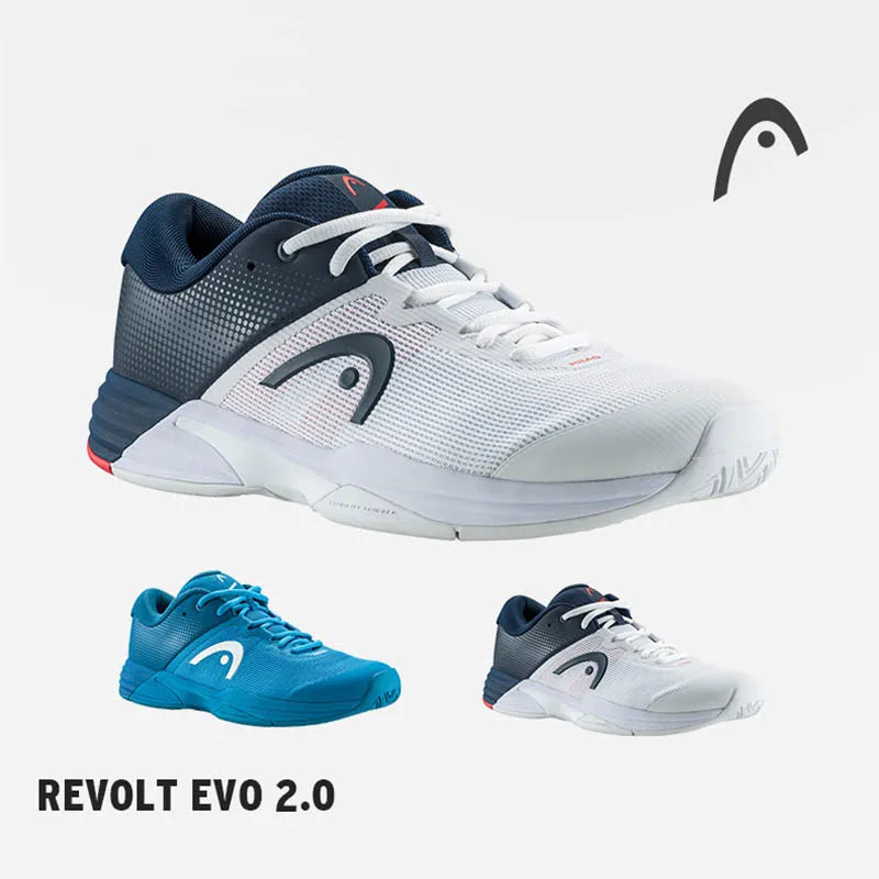 Three athletic shoes with 'Revolt EVO 2.0' text and a brand logo on a light gray background.