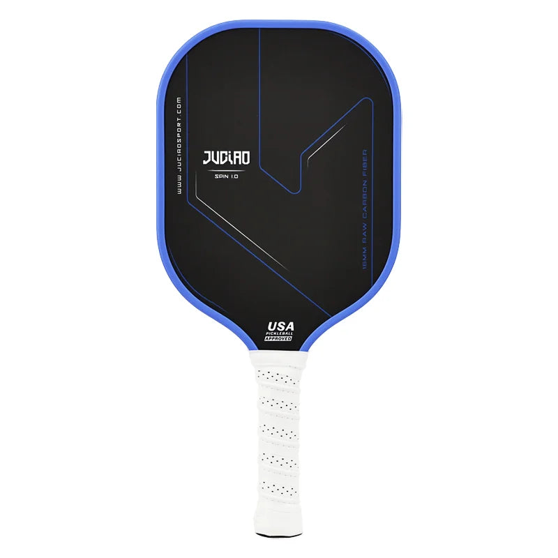 Pickleball paddle with black face, blue rim, and white handle on a white background