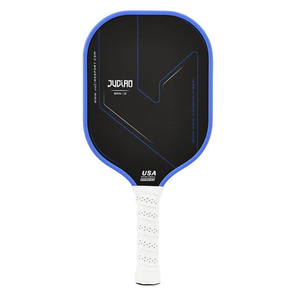 Pickleball paddle with black face, blue rim, and white handle on a white background