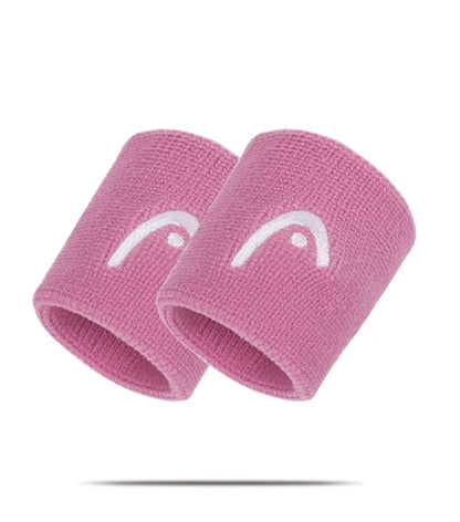 Two pink wristbands with a white logo on a white background