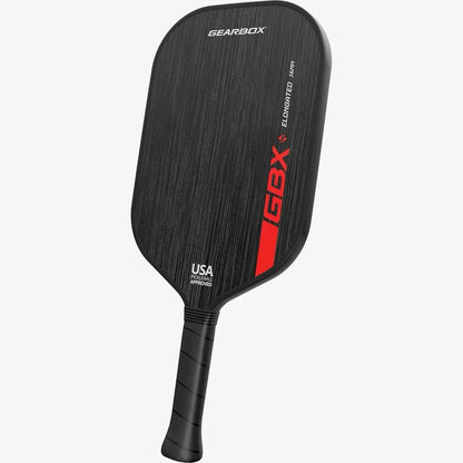 Black pickleball paddle with red 'GBX' logo on a white background