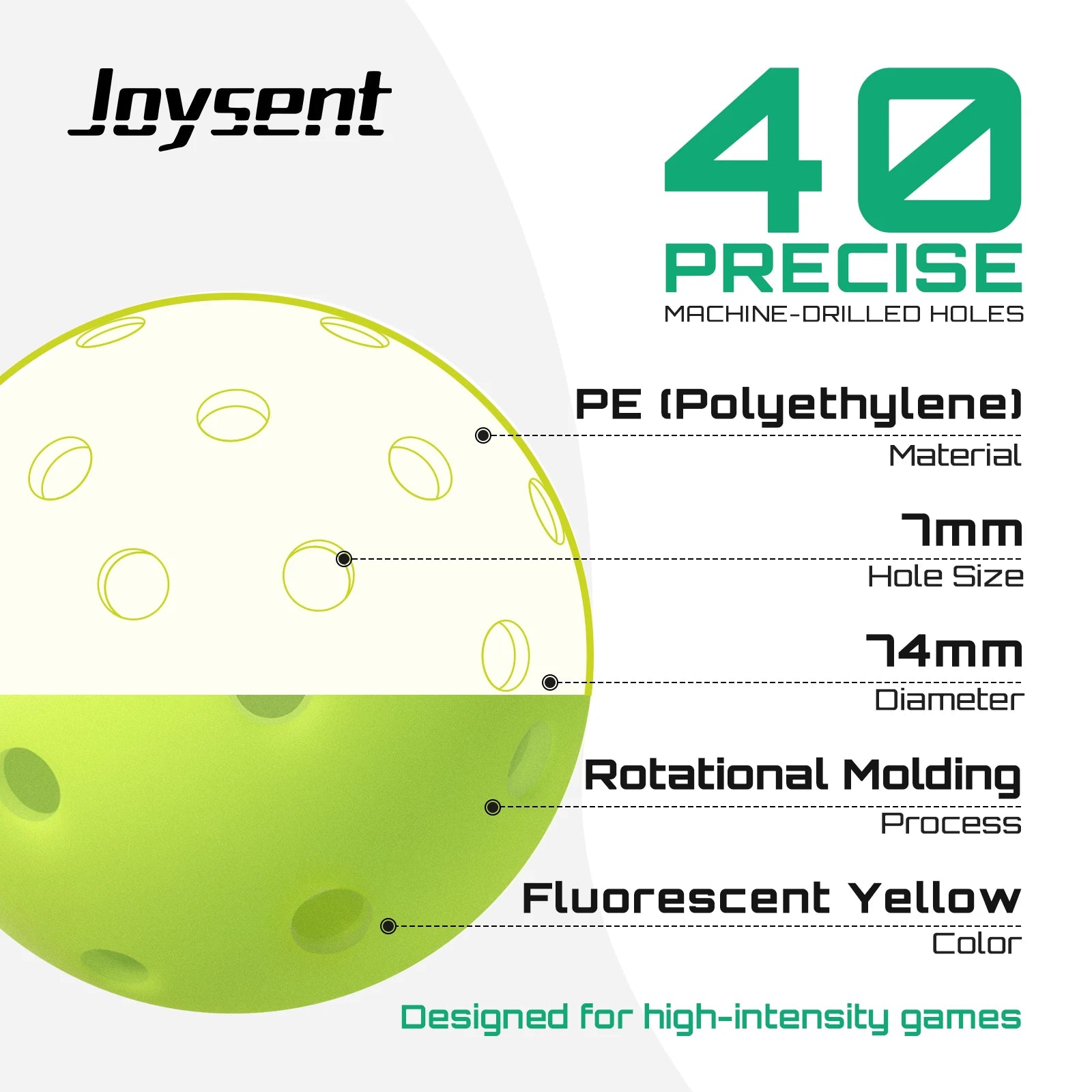 Green pickleball with technical specifications on a white background