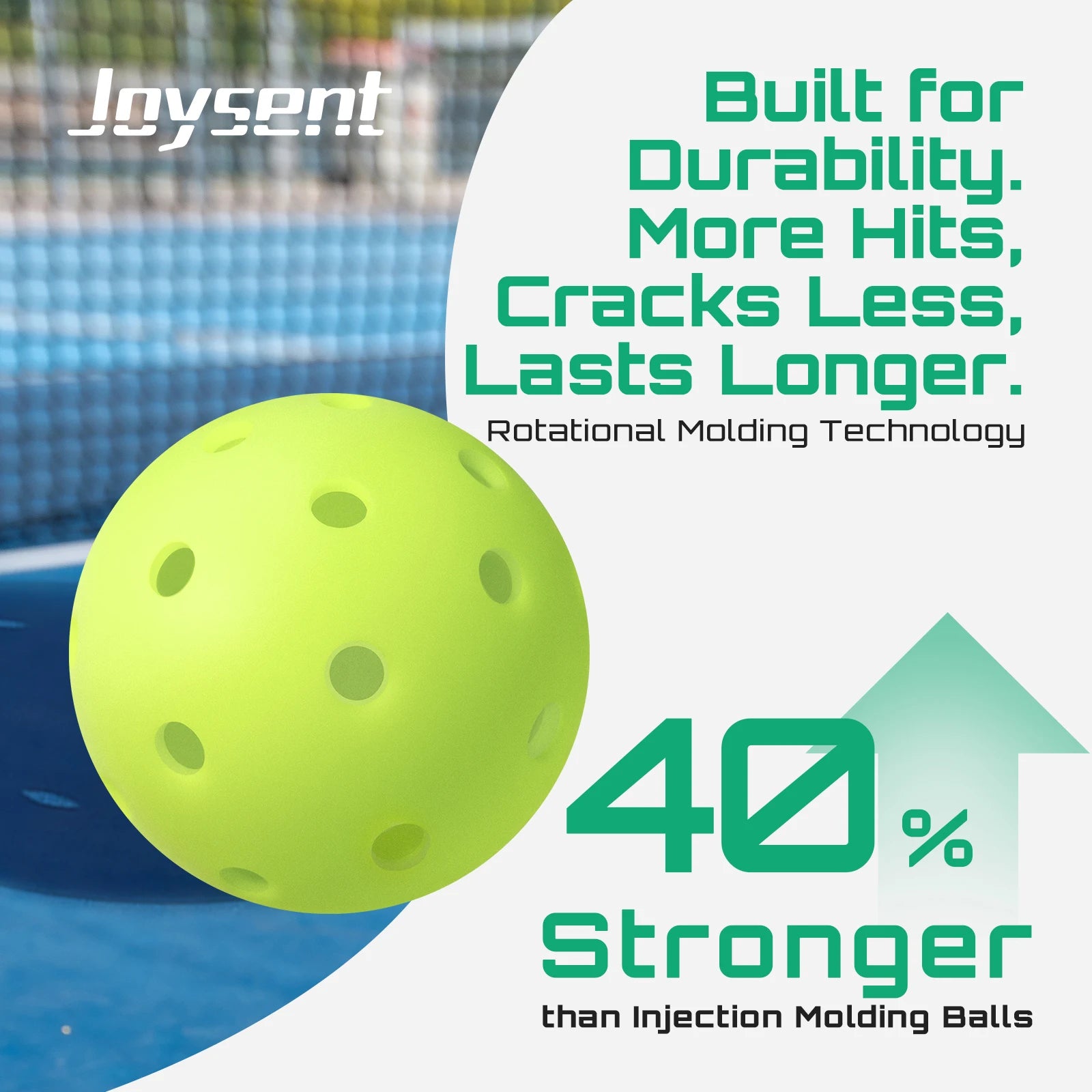Green pickleball with promotional text about durability and strength on a blurred court background