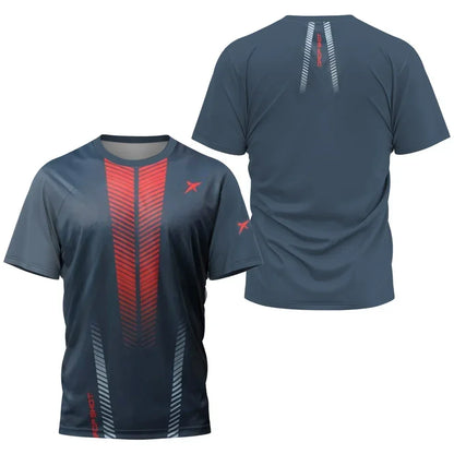 Gray t-shirt with red and black design on a white background