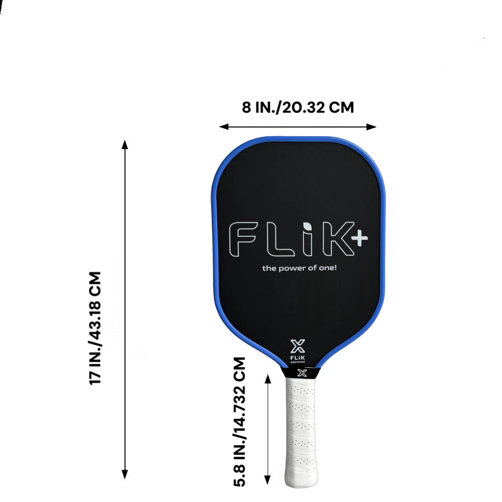 Pickleball paddle with Flik branding and measurements on a white background