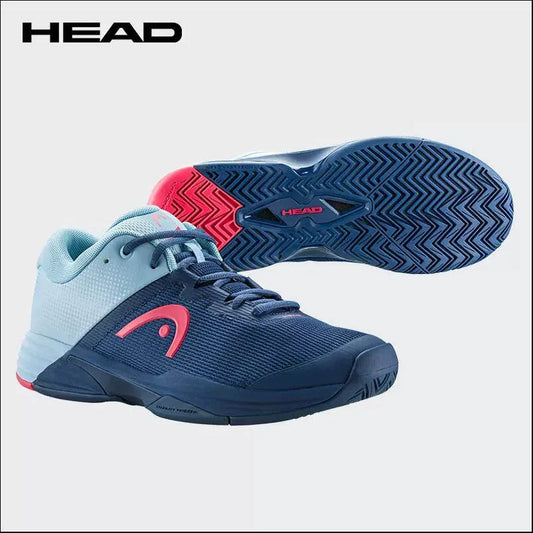 Blue and light blue tennis shoes with red accents on a white background, featuring the HEAD brand.