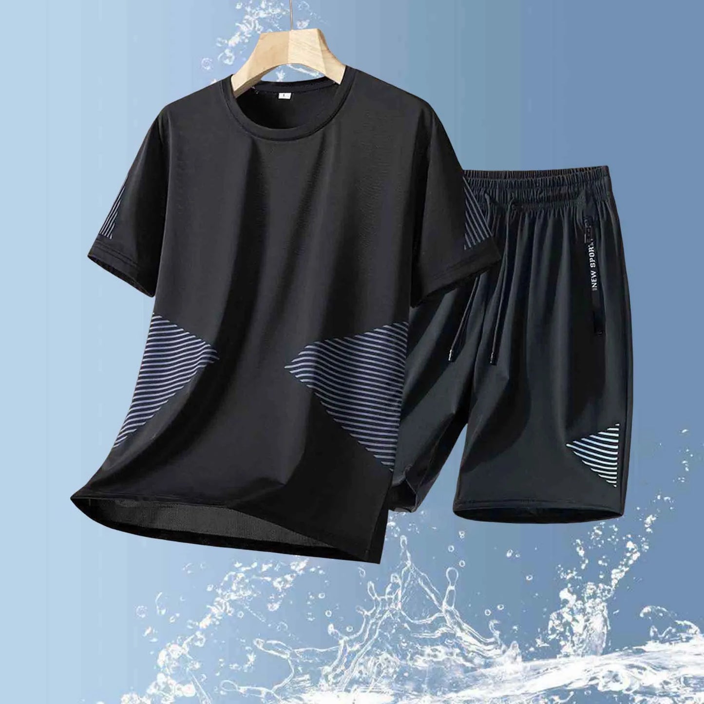 Black t-shirt and shorts set on a hanger with water splash background
