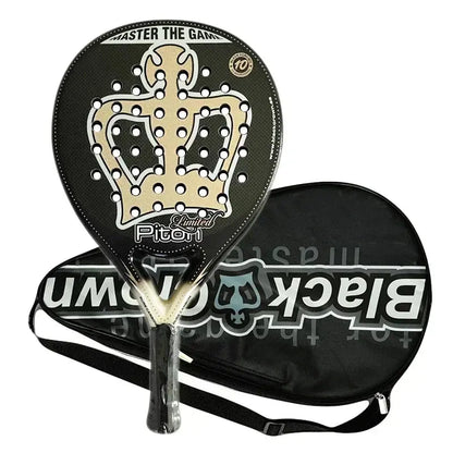 Pickleball paddle with black and gold design and carrying case on a white background