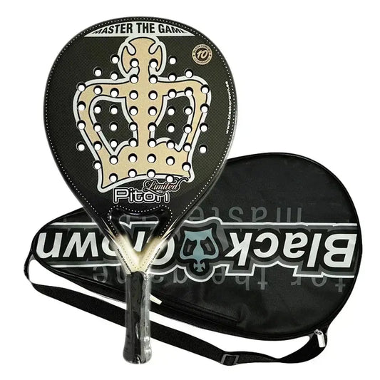 Pickleball paddle with black and gold design and carrying case on a white background