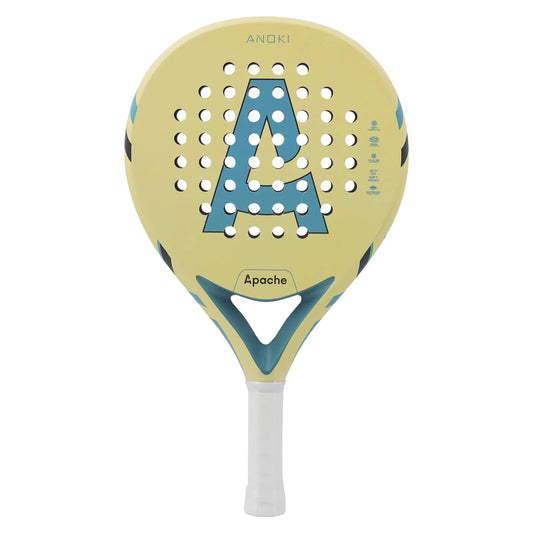 Apache Anoki Padel Racket with a yellow and blue color scheme, featuring a round shape with a heart design in the center and a white handle.