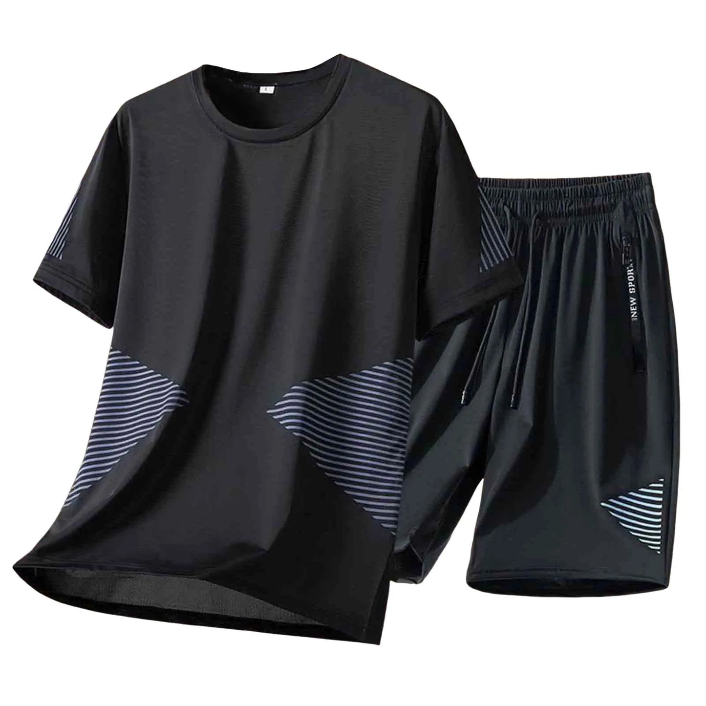 Black t-shirt and shorts set with white stripes on a white background