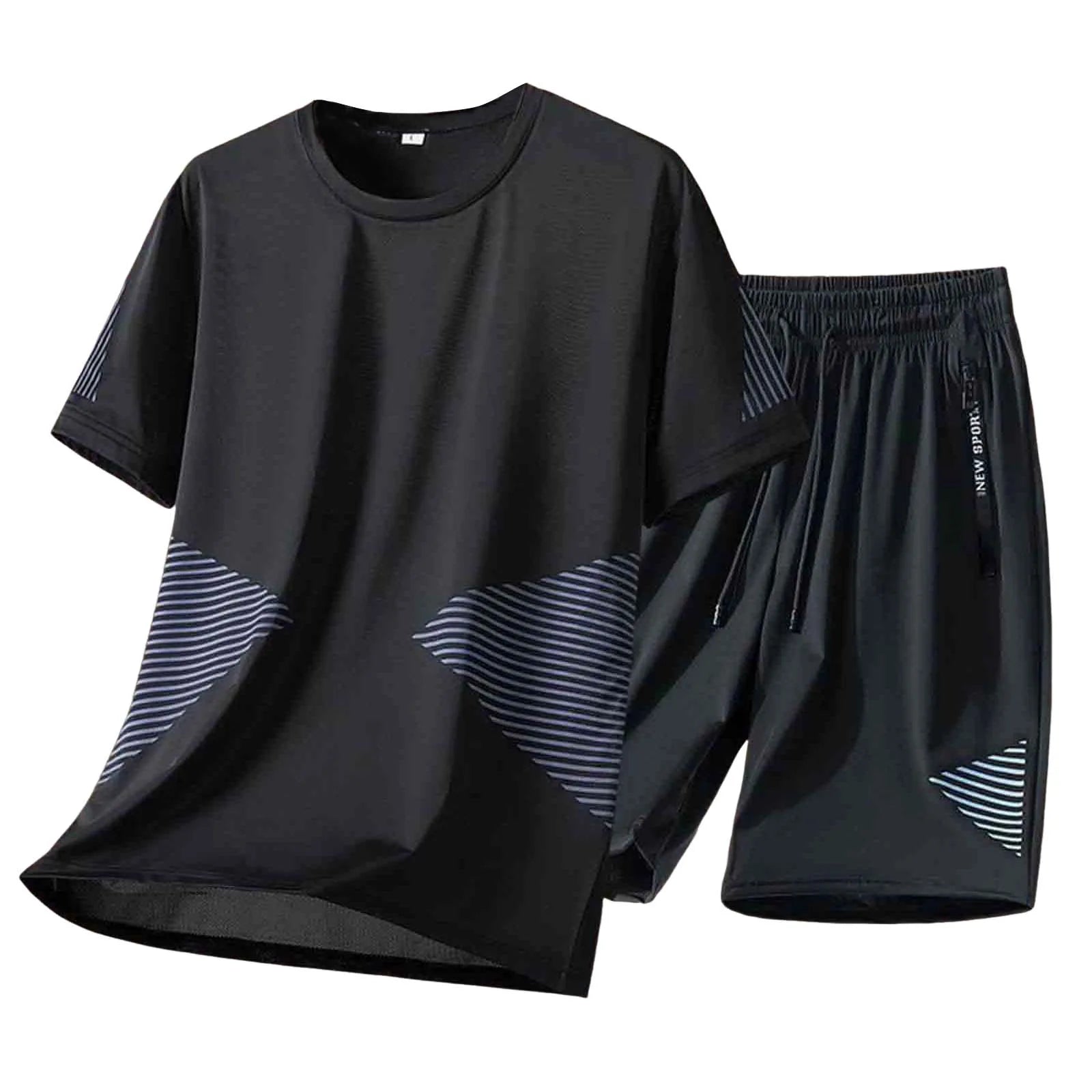 Black t-shirt and shorts set with white stripes on a white background