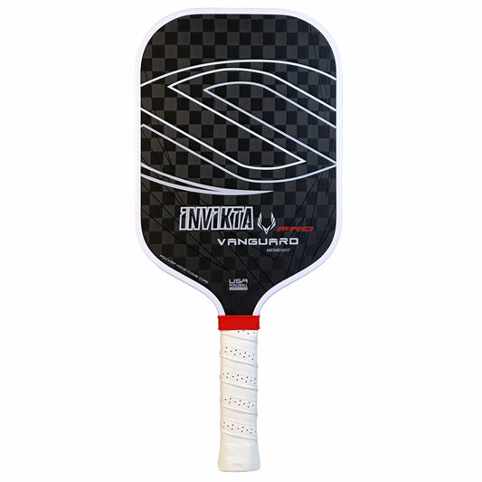 Invikta Pro Vanguard pickleball paddle with black and white checkered design on a white background