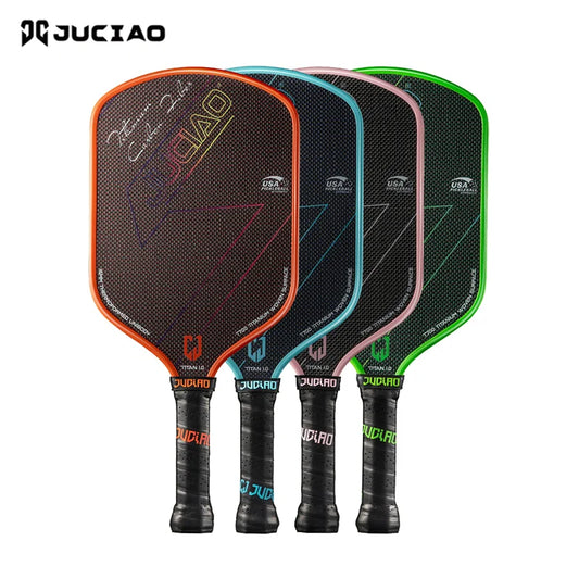 Four pickleball paddles in different colors with 'JUCIAO' branding on a white background.