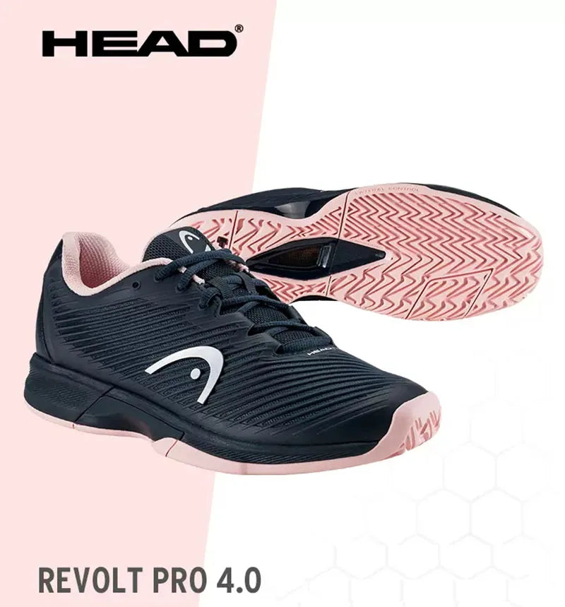 Black and pink tennis shoe with 'HEAD' branding on a white background