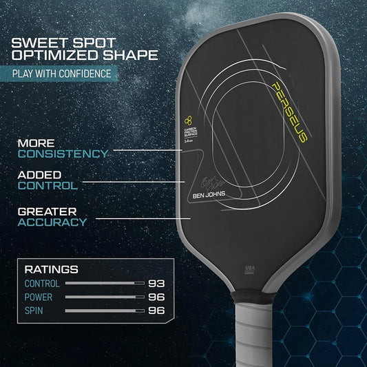 Pickleball paddle with branding and feature text on a dark background