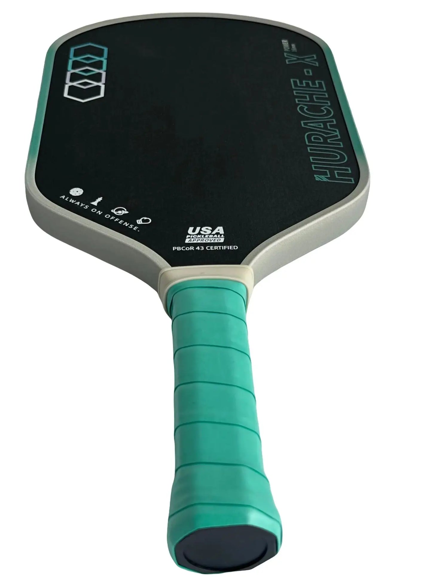Pickleball paddle with teal handle and black face on a white background