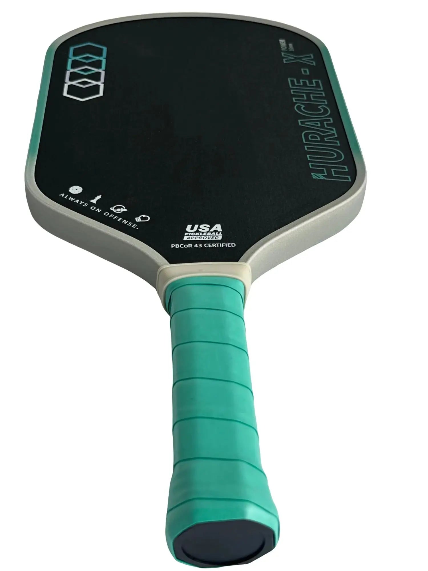 Pickleball paddle with teal handle and black face on a white background