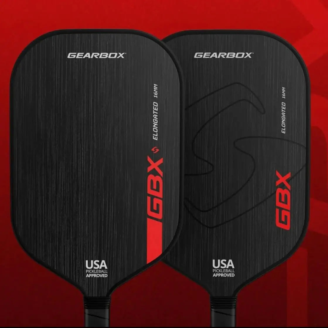 Two black pickleball paddles with 'Gearbox' and 'GBX' branding on a red background.